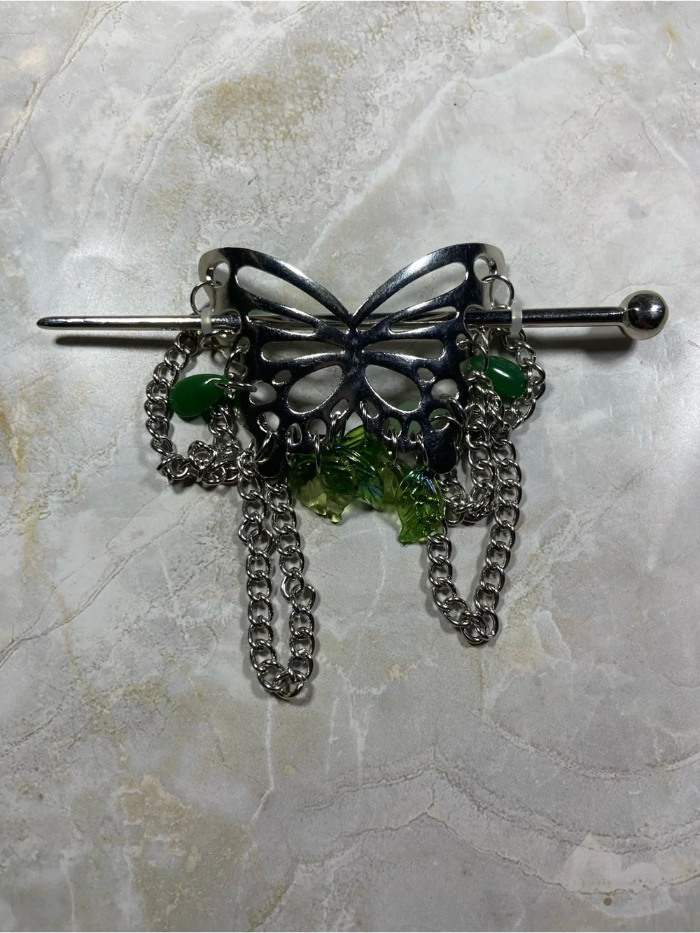 Hand Crafted Silver Butterfly Hair Stick with Green Beads